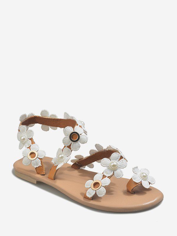 

Pearl Floral Toe Ring Rome Flat Sandals, Brown