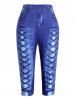 Legging Capri 3D Jean Imprimé de Grande Taille à Lacets - Bleu profond 2X