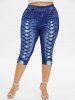 Legging Capri 3D Jean Imprimé de Grande Taille à Lacets - Bleu profond 4X