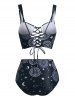 Moon Sun Star Print Lace Up Tummy Control Tankini Swimwear -  