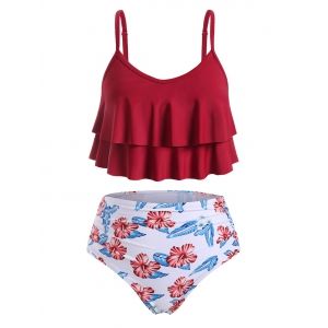 

Ruched High Waisted Layered Flounces Floral Plus Size Tankini Swimsuit, Red wine