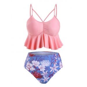 

Peplum Hem Gathered Floral Plus Size Tankini Swimwear, Pink