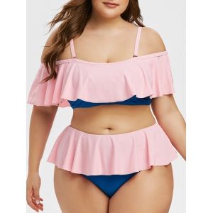 

Plus Size Cold Shoulder Ruffled High Rise Two Piece Swimsuit, Pink