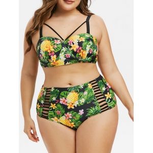 

Plus Size Pineapple Flower Push Up Ladder Strap Tankini Swimwear, Multi