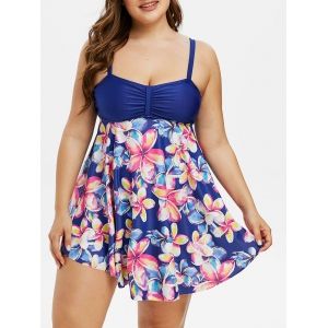 

Plus Size Floral Print Empire Waist Tankini Swimwear, Blue