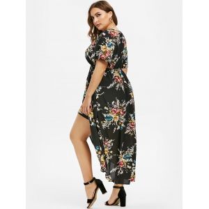 

Plus Size Floral Print Bell Sleeve High Low Maxi Dress, Black