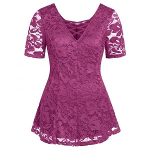 

Plus Size Plunging Neck Lace See Thru T Shirt, Plum