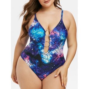 

Plus Size 3D Galaxy Print O Ring One-piece Swimsuit, Blue