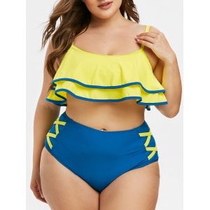 

Plus Size Tiered Flounce Crisscross Tankini Swimwear, Bright yellow