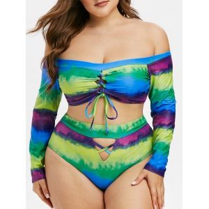 

Plus Size Tie Dye Lace-up Off The Shoulder Two Piece Swimsuit, Green