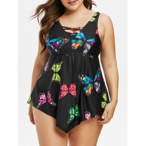 

Plus Size Crisscross Butterfly Print Tankini Swimwear, Black