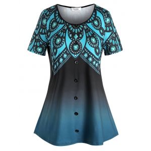 

Plus Size Mock Button Tribal Print T Shirt, Multi
