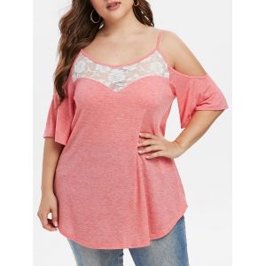 

Lace Panel Plus Size Cold Shoulder T Shirt, Light pink