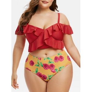 

Plus Size Floral Print Ruffle Two Piece Swimwear, Red