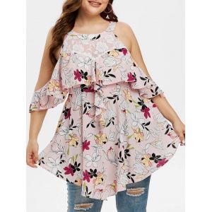 

Plus Size Floral Printed Lace Panel Cold Shoulder Blouse, Light pink