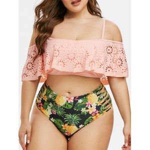 

Plus Size Sunflower Laser Cut Print Two Piece Swimwear, Light pink