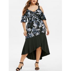 

Plus Size Cold Shoulder Floral Print Twist Maxi Dress, Black
