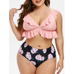 

Plus Size Plunge Ruffle Floral Print Tankini Swimwear, Light pink