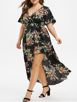 Plus Size Floral Print Bell Sleeve High Low Maxi Dress - BLACK - 3X