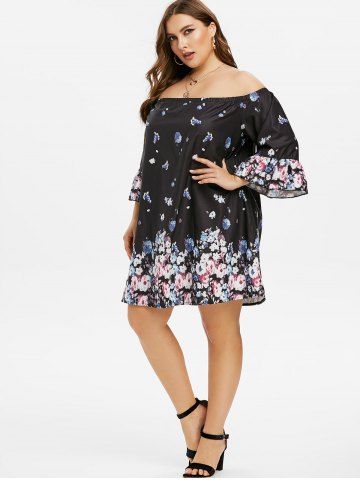 

Plus Size Floral Print Off Shoulder Dress, Black