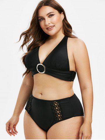 

Plus Size Halter Lace Crochet Plunge Bikini Swimwear, Black