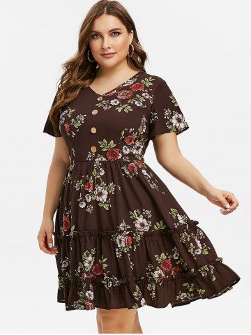 

Plus Size Ruffle Floral Print Dress, Sepia