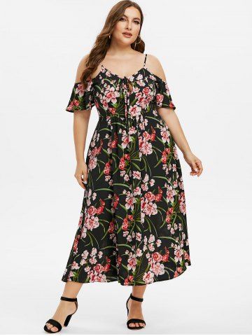 

Plus Size Floral Print Cold Shoulder High Slit Dress, Black