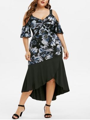 Plus Size Cold Shoulder Floral Print Twist Maxi Dress