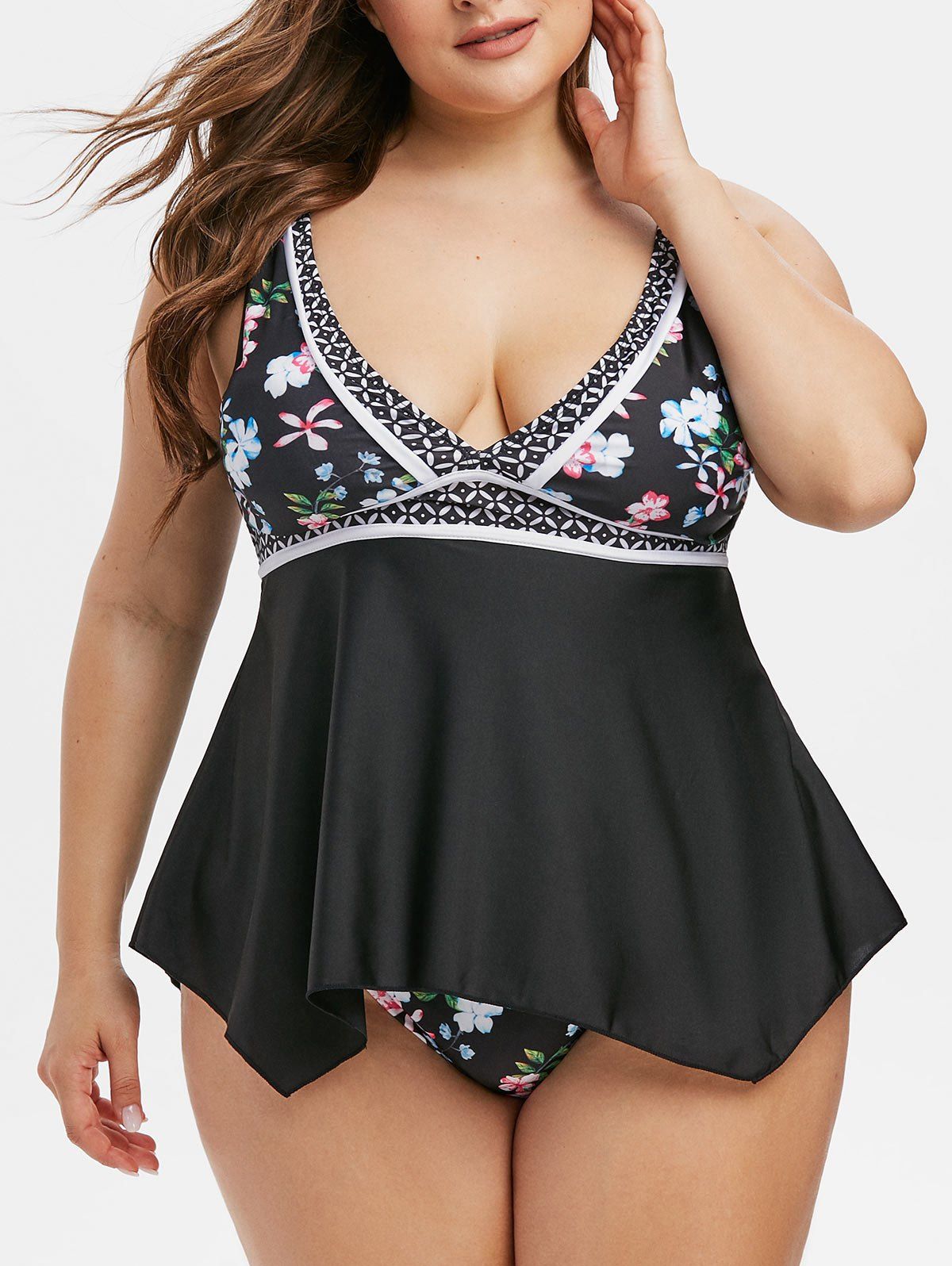 

Plus Size Floral Print Plunging Neck Tankini Swimwear, Black