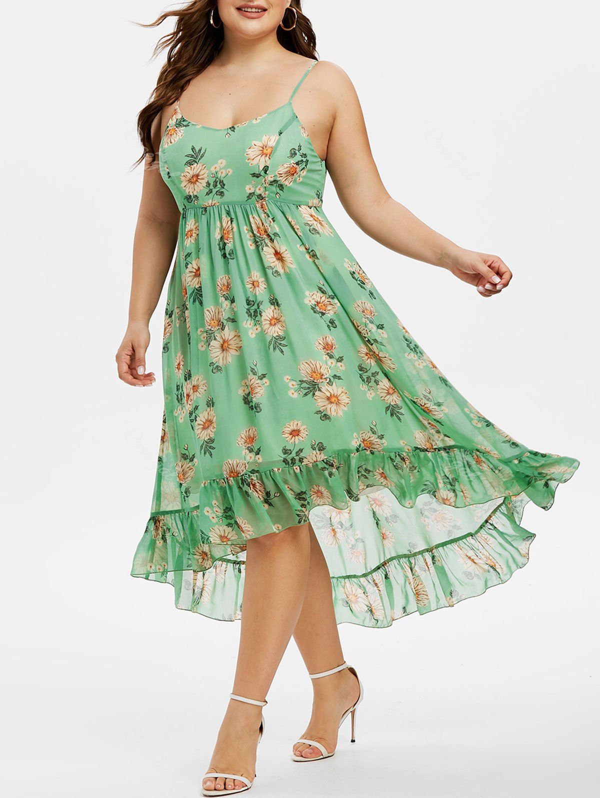 

Plus Size High Low Floral Print Flounce Dress, Green onion