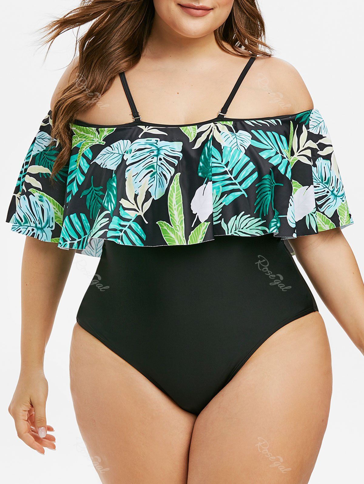 

Plus Size Leaf Print Flounce Cold Shoulder One-piece Swimsuit, Sea green
