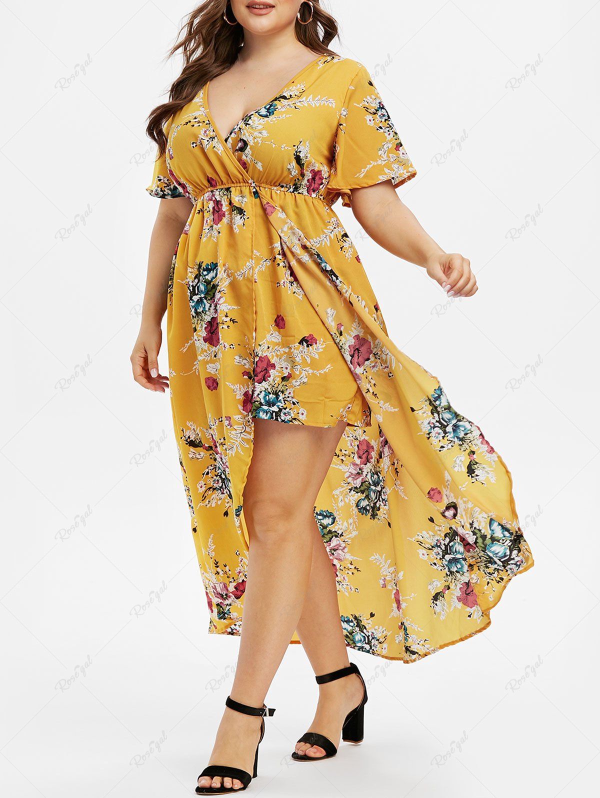 Chic Plus Size Floral Print Bell Sleeve High Low Maxi Dress  