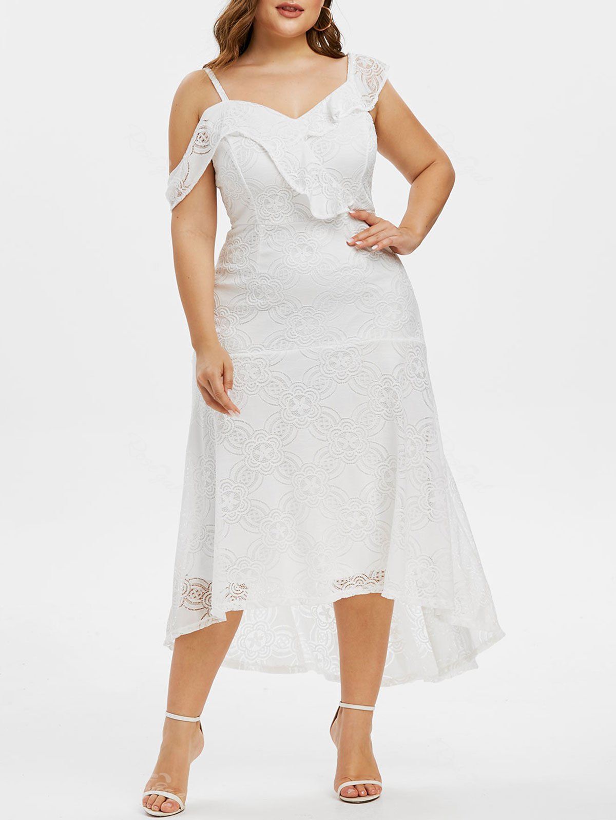 

Plus Size Lace Asymmetric High Low Dress, White
