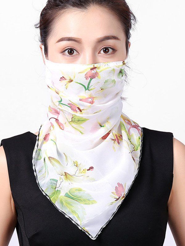 

Flower Printed Chiffon Mask Scarf, White