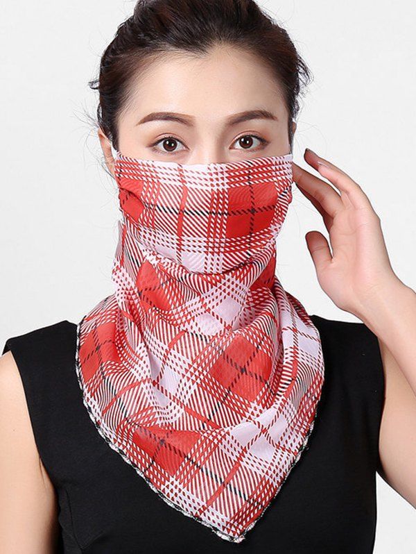 

Plaid Printed Riding Chiffon Face Mask Scarf, Red