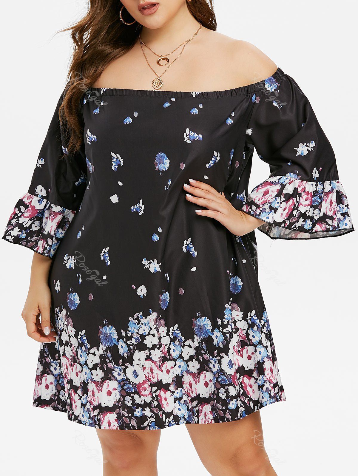 Best Plus Size Floral Print Off Shoulder Dress  