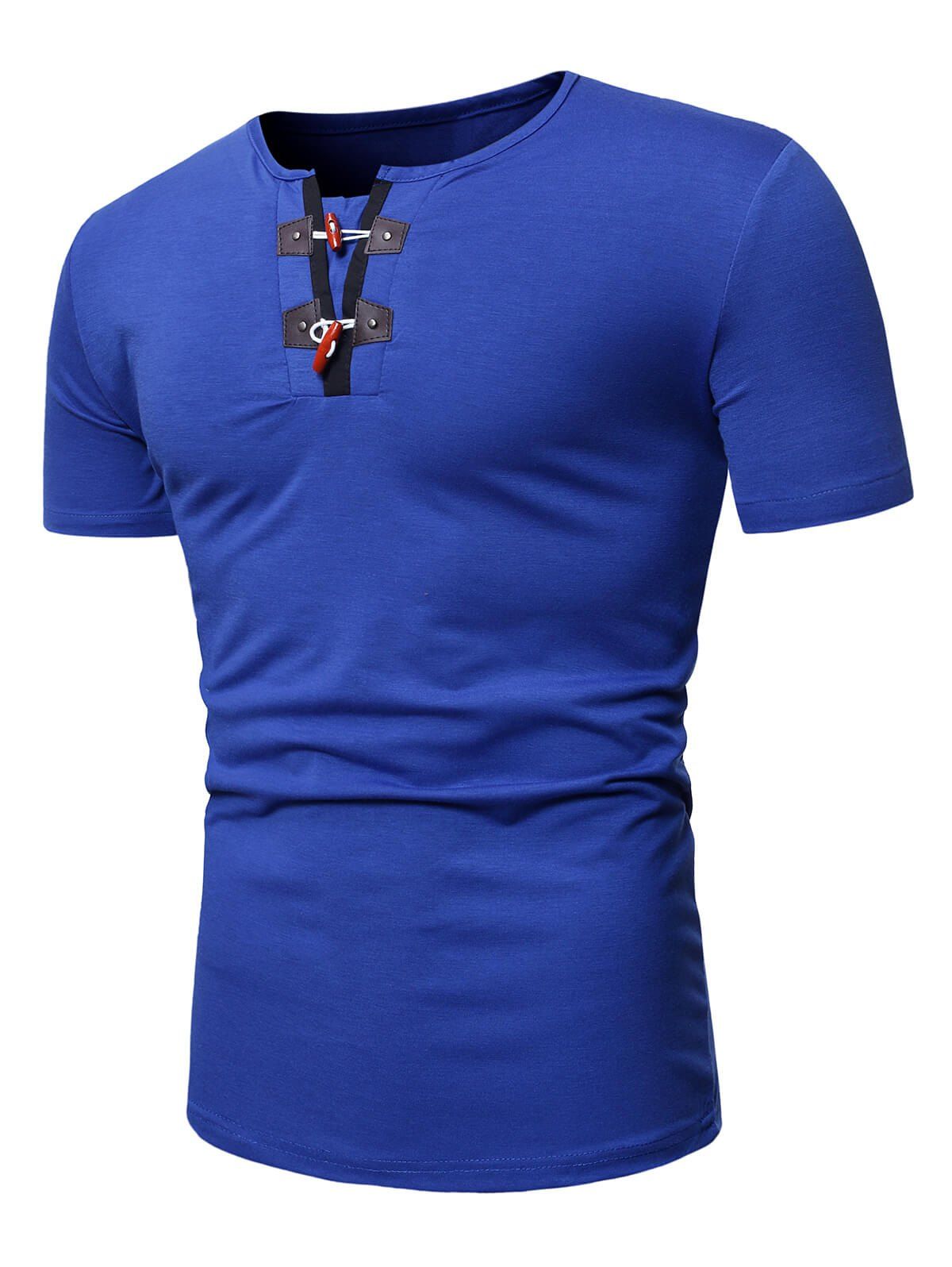 

Half Horn Button Casual Short Sleeve T Shirt, Cobalt blue