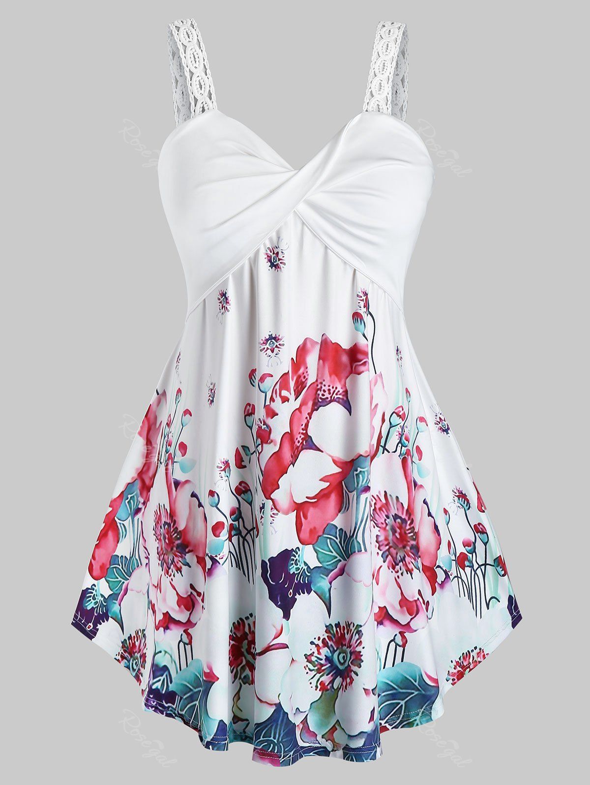 

Plus Size Twisted Floral Print Tank Top, White