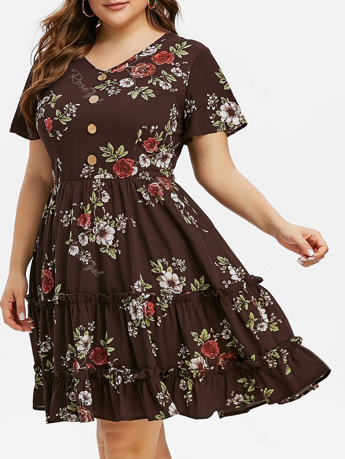 Plus Size Ruffle Floral Print Dress [35% OFF] | Rosegal