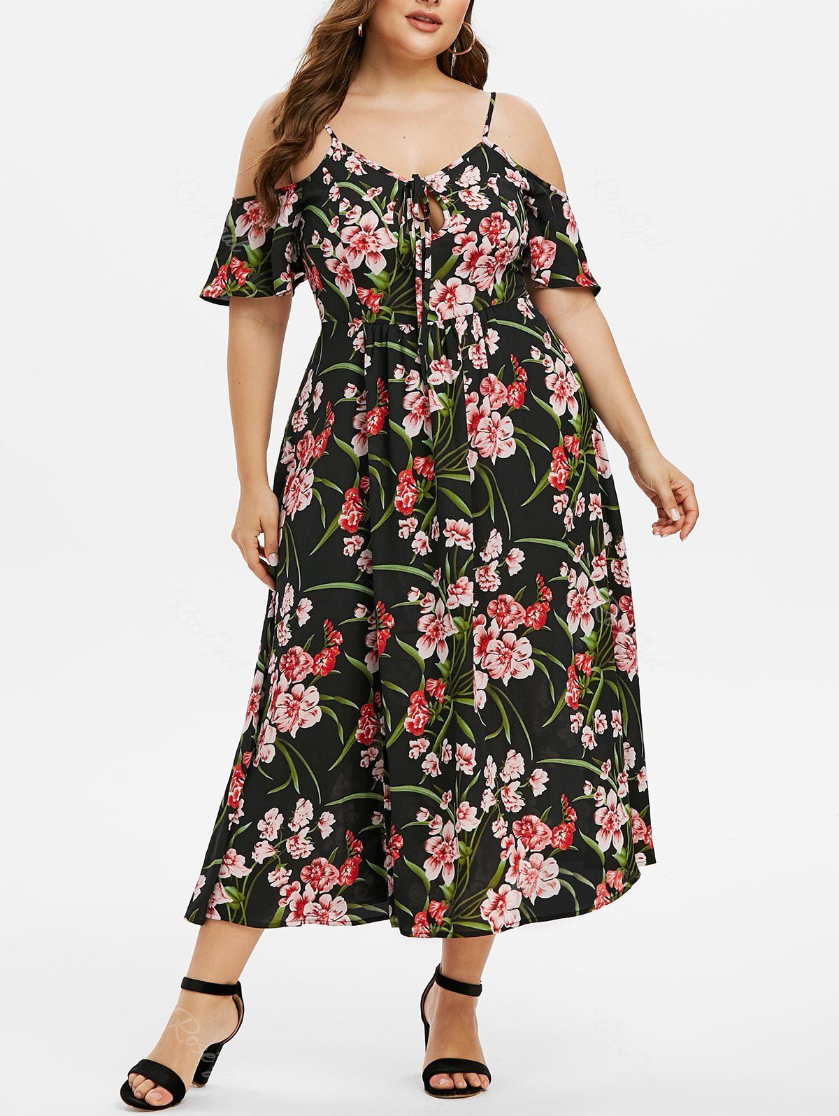 [38% OFF] Plus Size Floral Print Cold Shoulder High Slit Dress | Rosegal
