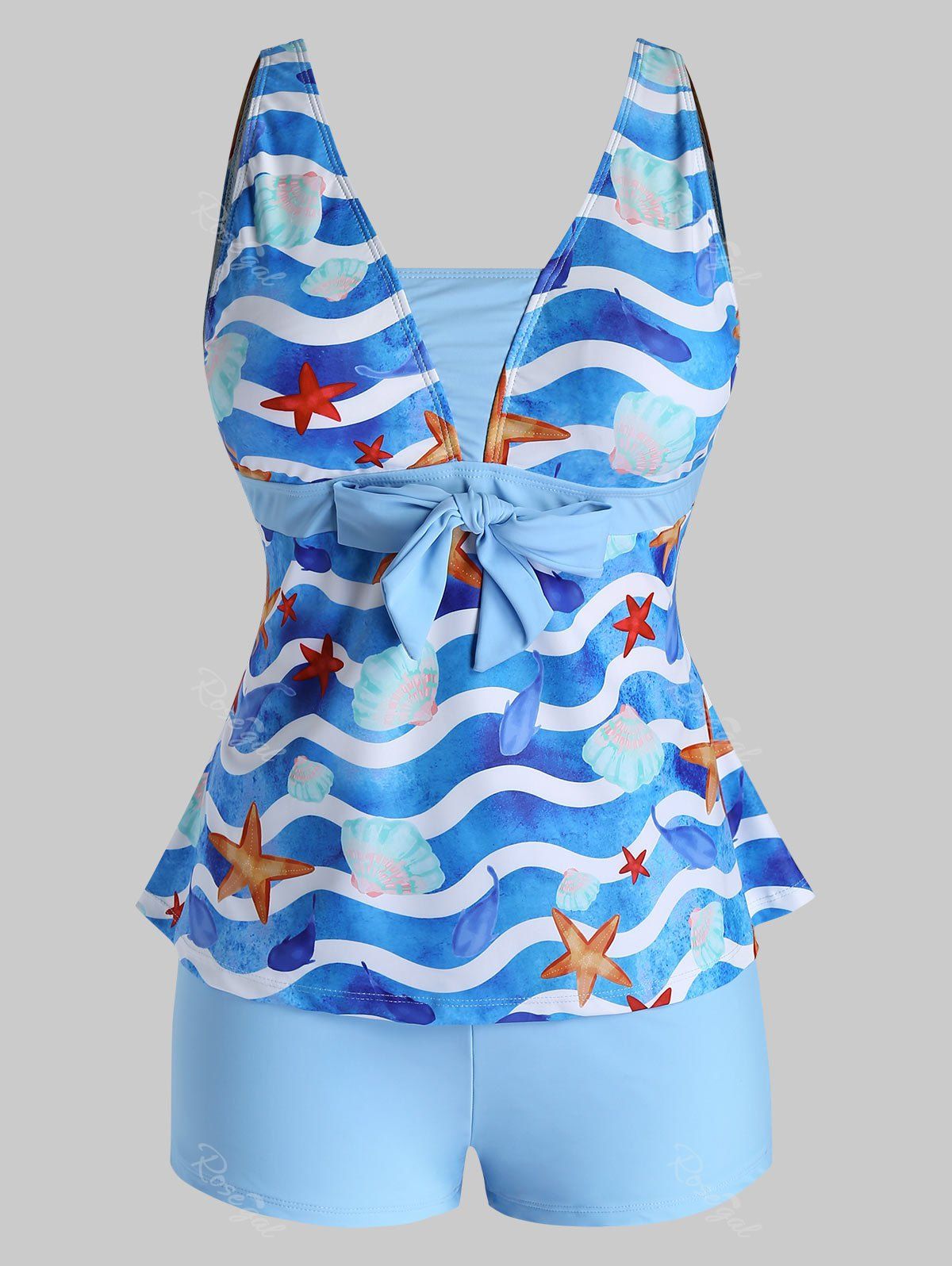 

Plus Size Ocean Print Tied Tankini Swimwear, Blue gray