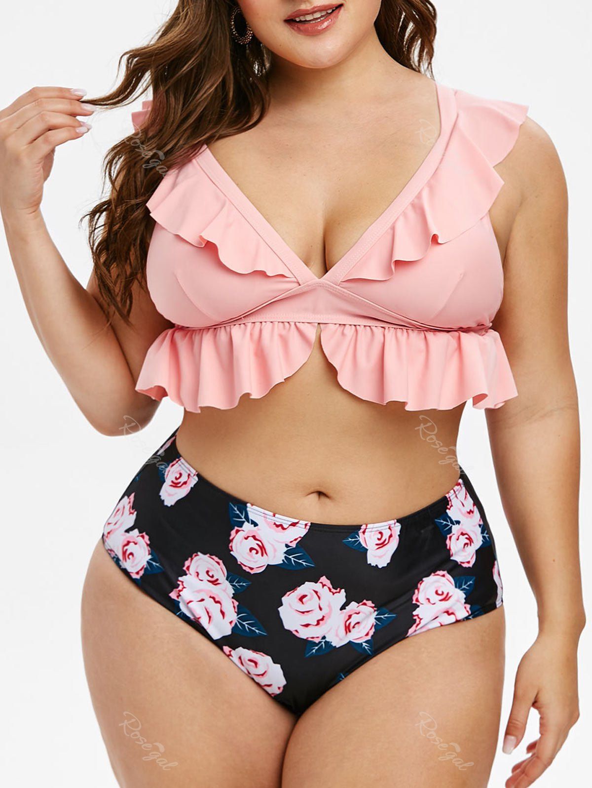 Hot Plus Size Plunge Ruffle Floral Print Tankini Swimwear  