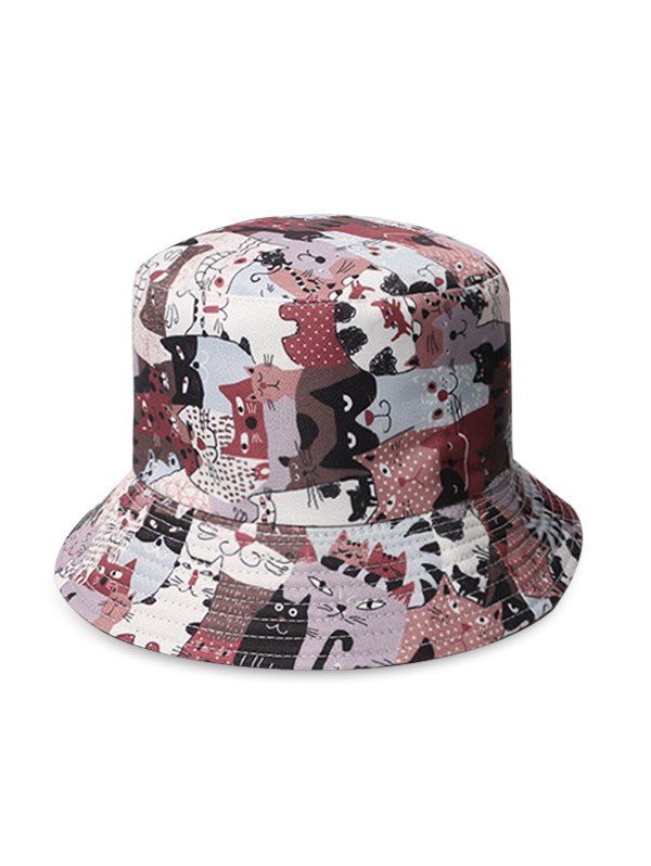 

Reversible Cartoon Cat Print Bucket Hat, Red