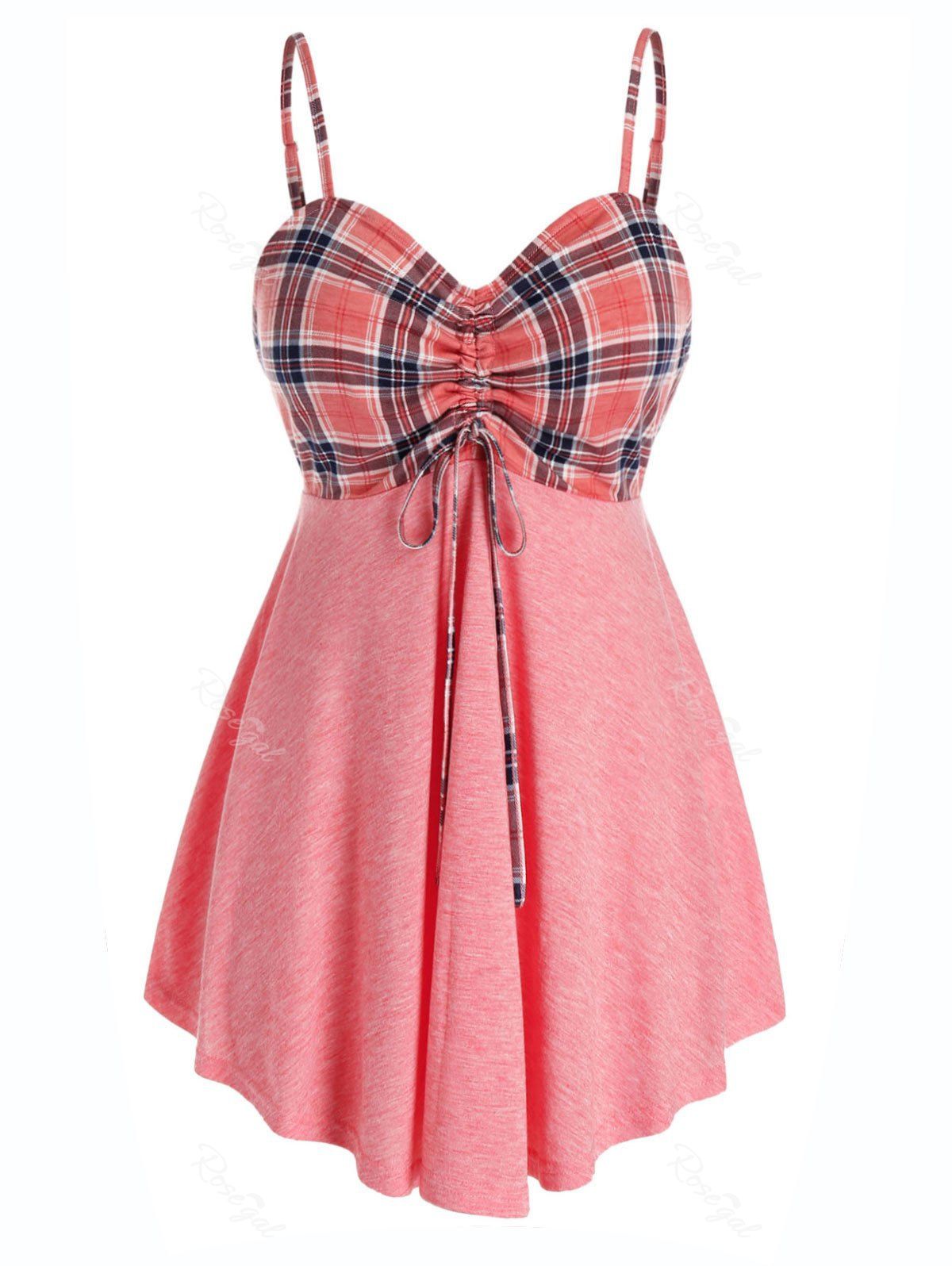 

Plus Size Empire Waist Plaid Cinched Tank Top, Pink