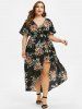 Plus Size Floral Print Bell Sleeve High Low Maxi Dress -  