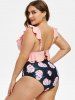 Plus Size Plunge Ruffle Floral Print Tankini Swimwear -  