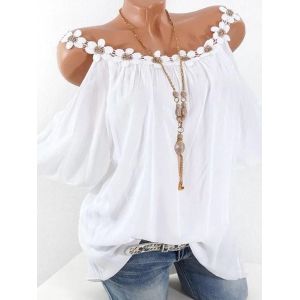 

Plus Size Lace Applique Open Shoulder T Shirt Cold Shoulder Tops Clothing, White