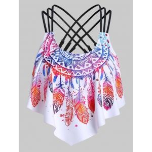 

Strappy Feather Print Pointed Hem Swim Top, Multi