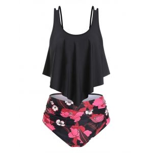 

Plus Size Floral Print Ruffle Ruched Tankini Swimwear, Black