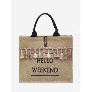 

Letter Print Tassel Square Tote Bag, Black